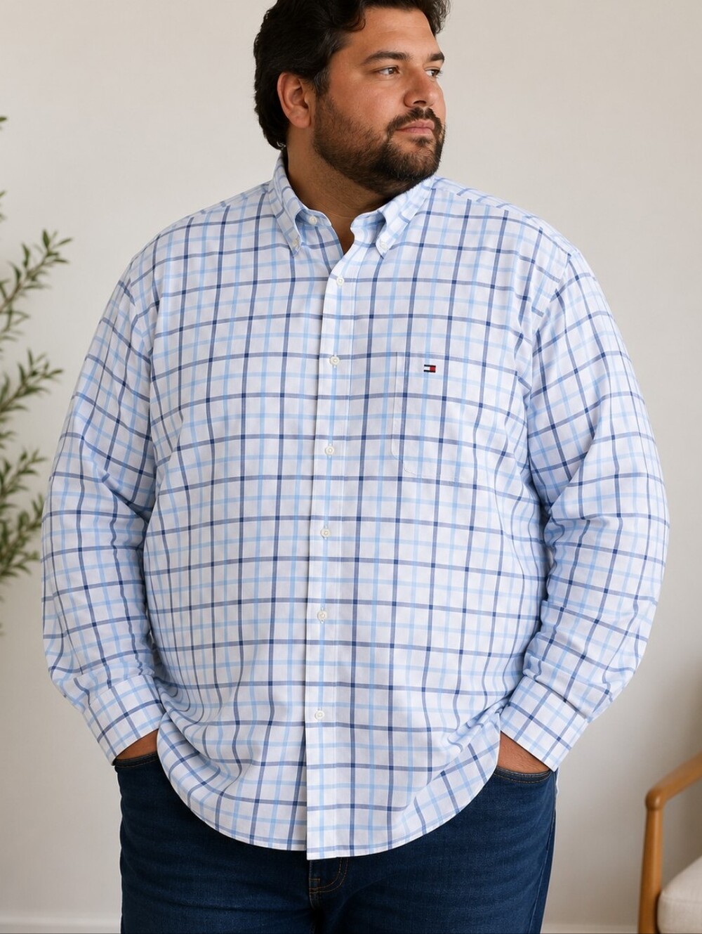 Tommy Hilfiger Men's XXL Vintage 90s Two-Ply Cotton Blue White Plaid Button-Up